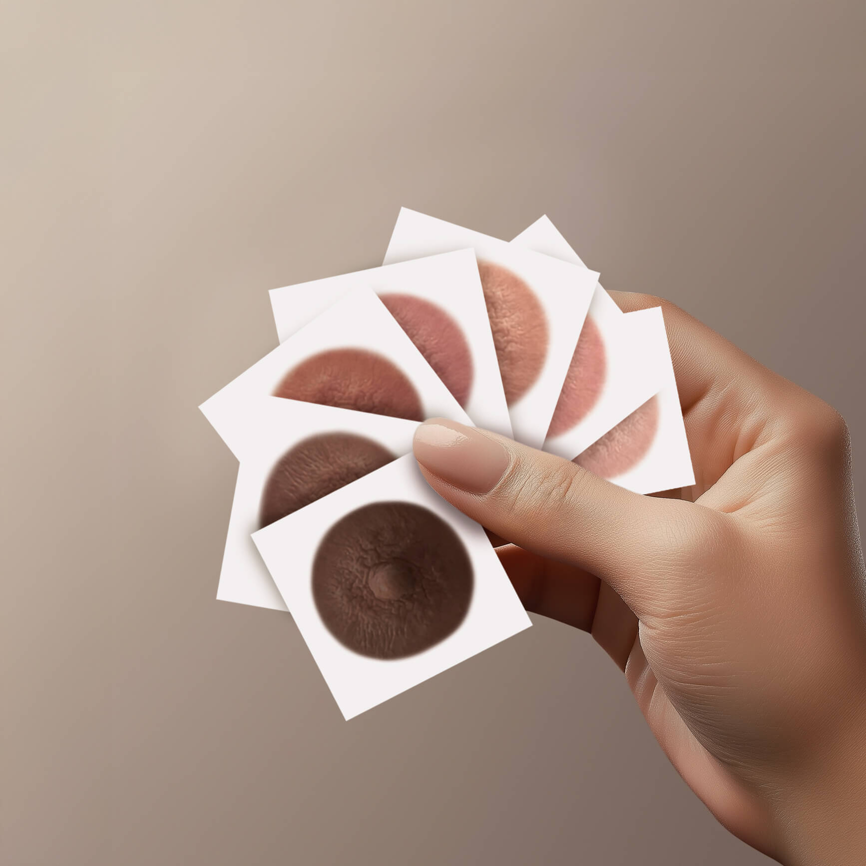 Picture of womans hand holding a fan of of seven shades of post mastectomy temporary nipple tattoos for women who've undergone mastectomies due to breast cancer