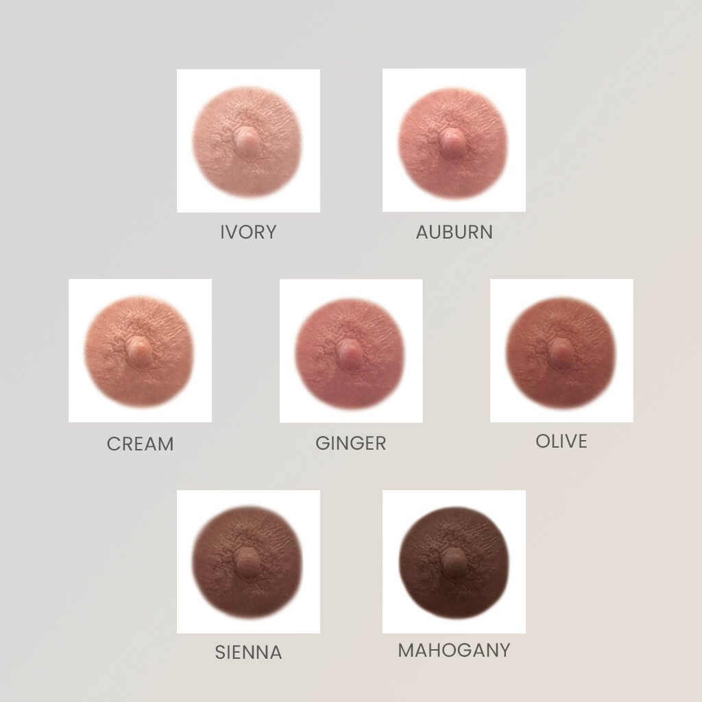 Post mastectomy temporary nipple tattoos  for women who've undergone mastectomies due to breast cancer shown in all seven shades