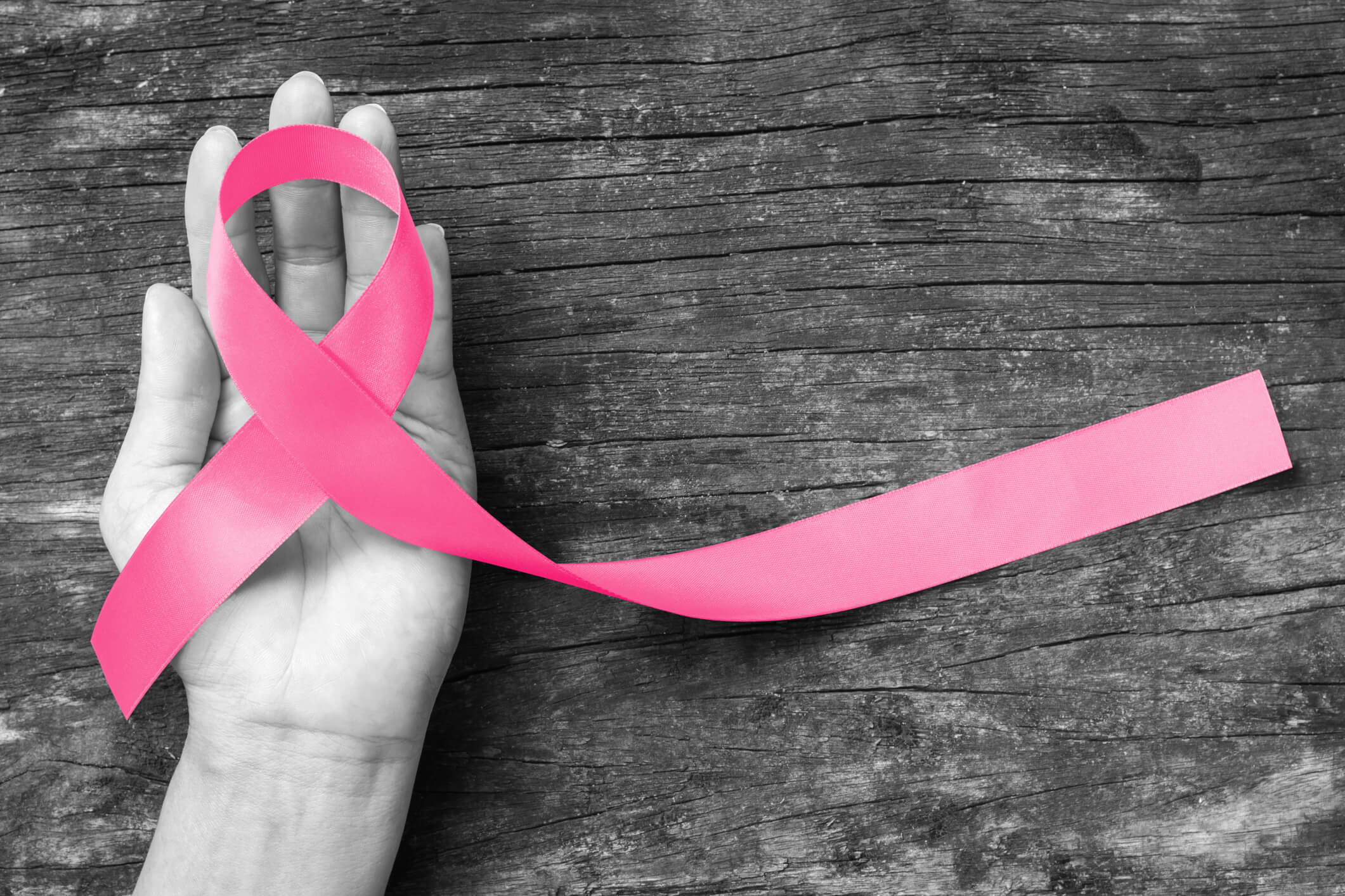 womens hand holding pink ribbon for breast cancer with black and white background