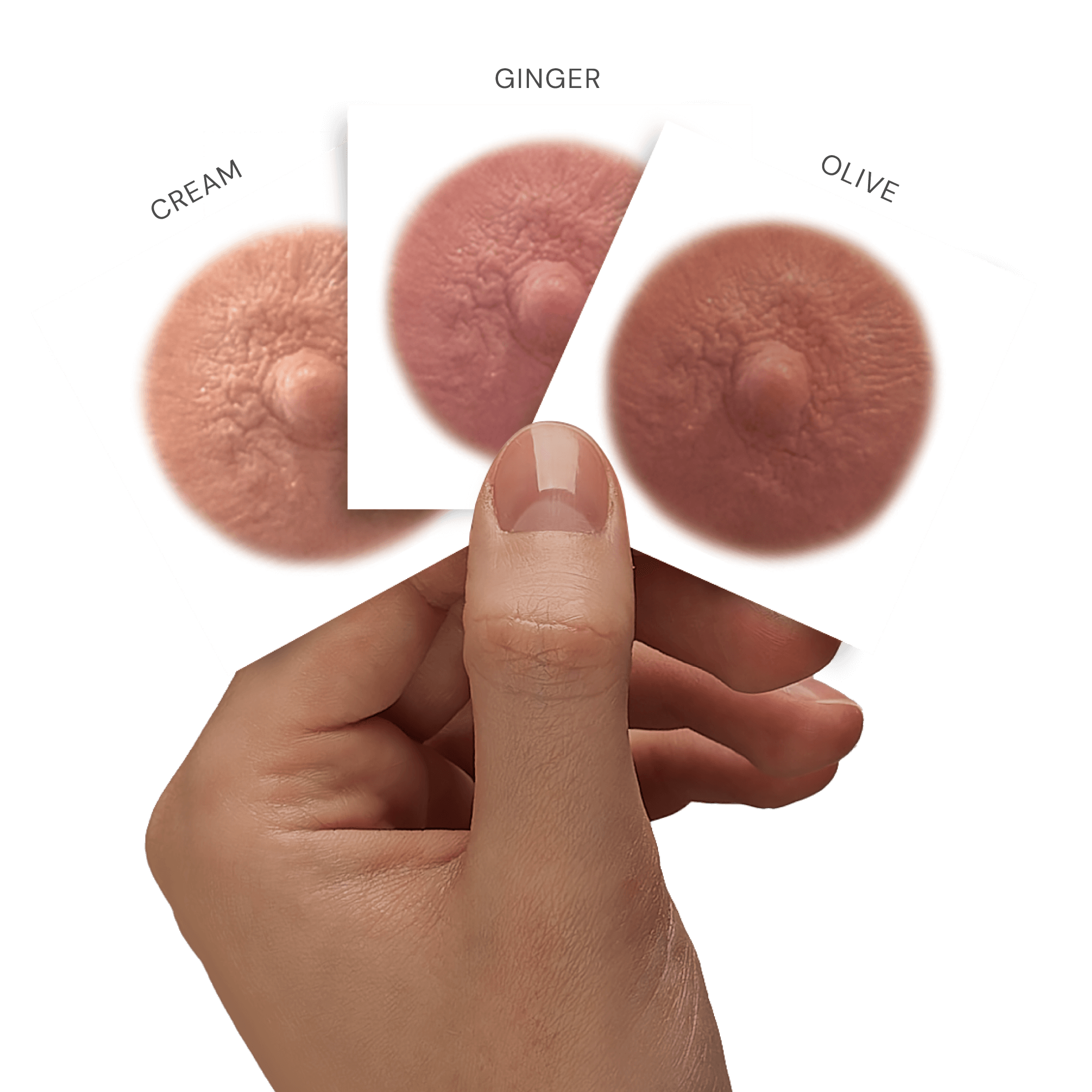 Three nipple tattoos  labeled 'Cream', 'Ginger', and 'Olive' held by a hand against a black background.