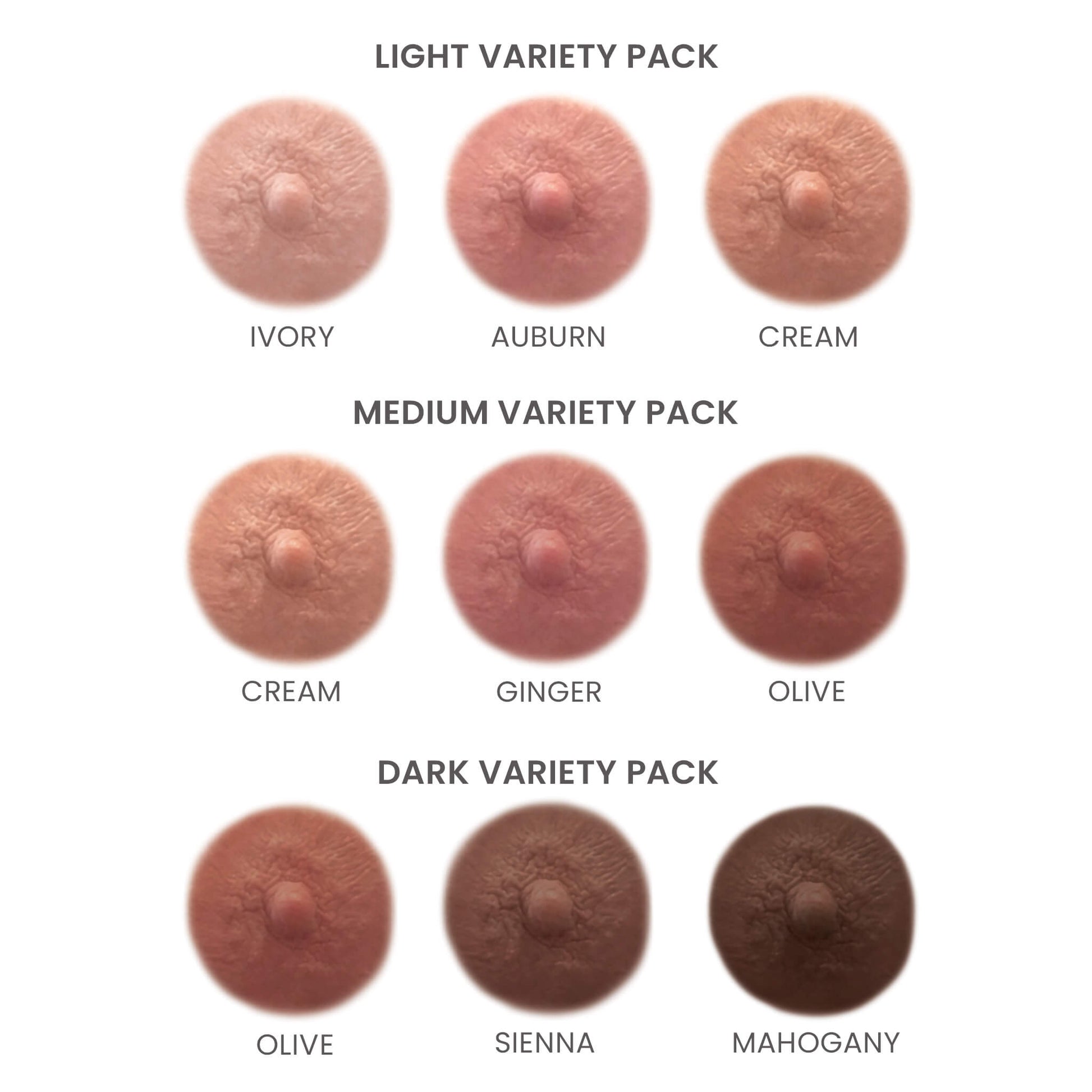 Post mastectomy temporary nipple tattoos  for women who've undergone mastectomies due to breast cancer shown in all seven shades shown in all three variety packs new