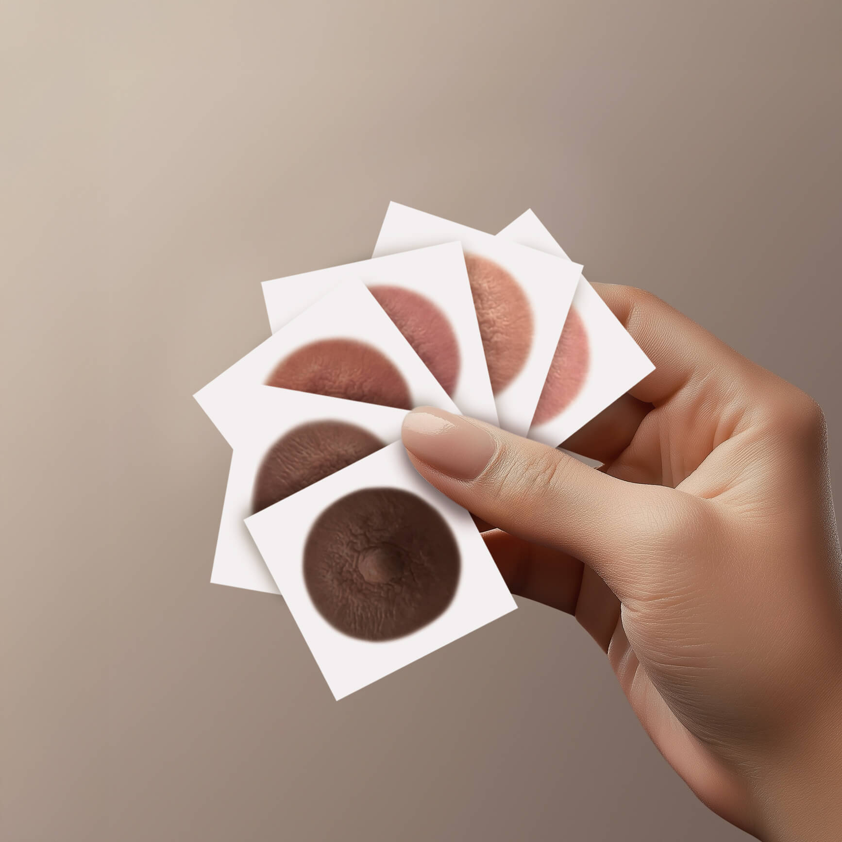 Picture of womans hand holding a fan of of six shades of post mastectomy temporary nipple tattoos  for women who've undergone mastectomies due to breast cancer