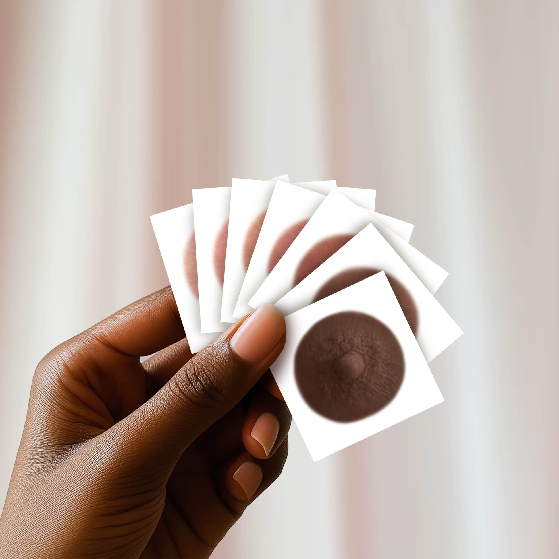 Picture of black womans hand holding a fan of of seven shades of post mastectomy temporary nipple tattoos  for women who've undergone mastectomies due to breast cancer