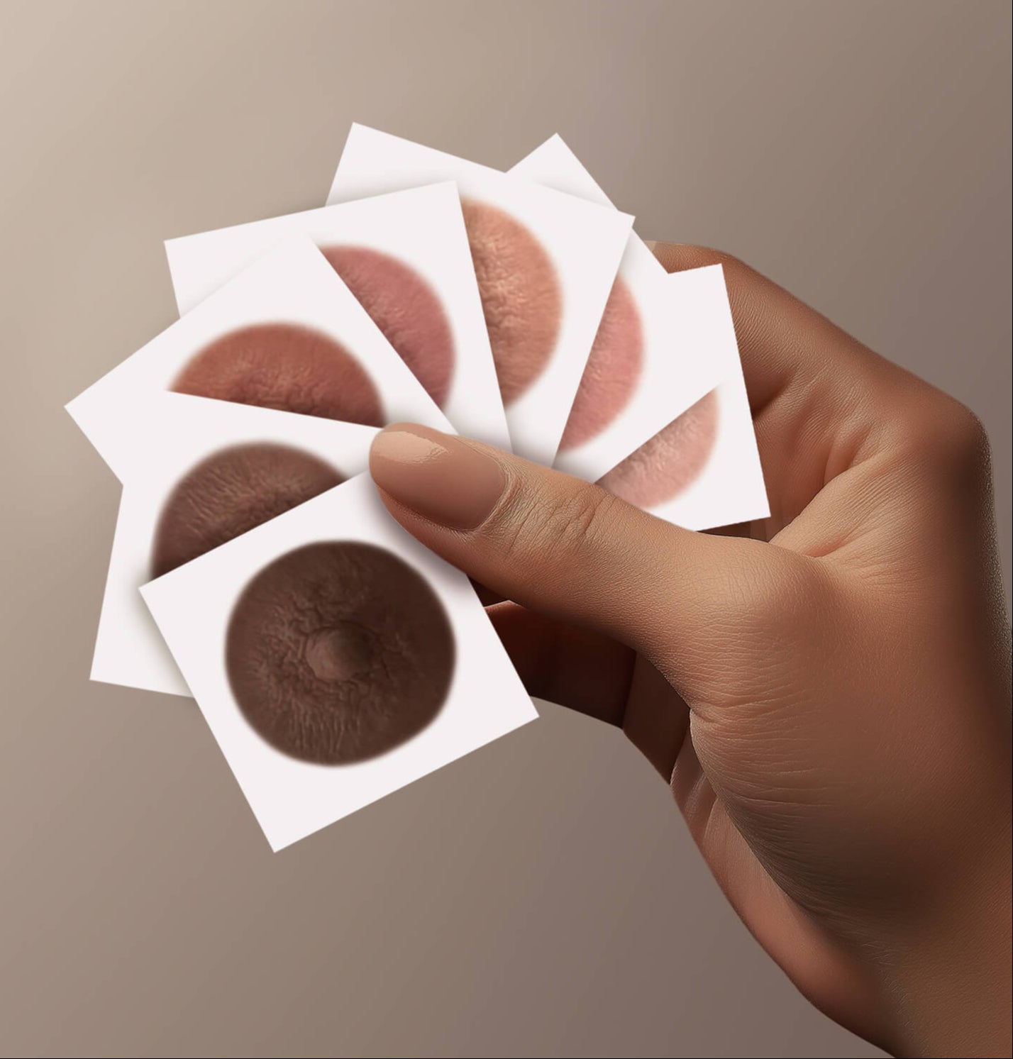 Picture of womans hand holding a fan of of seven shades of post mastectomy temporary nipple tattoos  for women who've undergone mastectomies due to breast cancer
