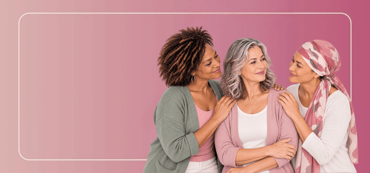 Three women representing diverse breast cancer journeys for Breast Cancer Awareness Month