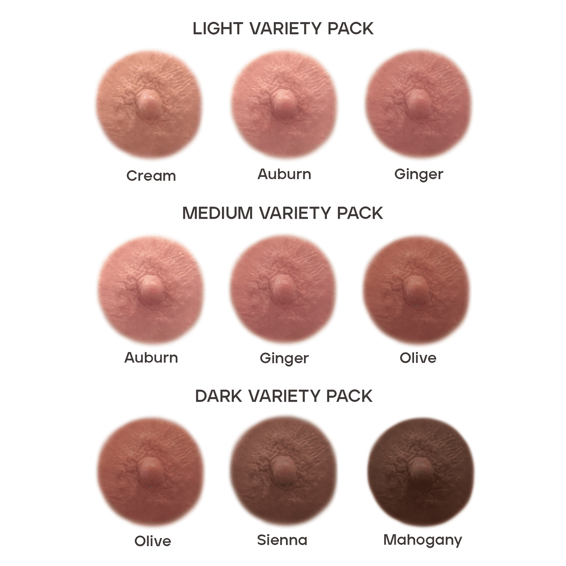 All TataTattoos temporary tattoo shades shown in Light Medium and Dark Variety Packs for women who've undergone mastectomies due to breast cancer